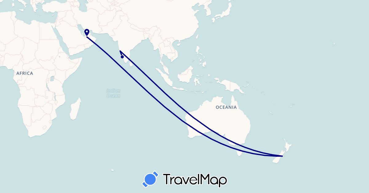 TravelMap itinerary: driving in United Arab Emirates, India, New Zealand (Asia, Oceania)